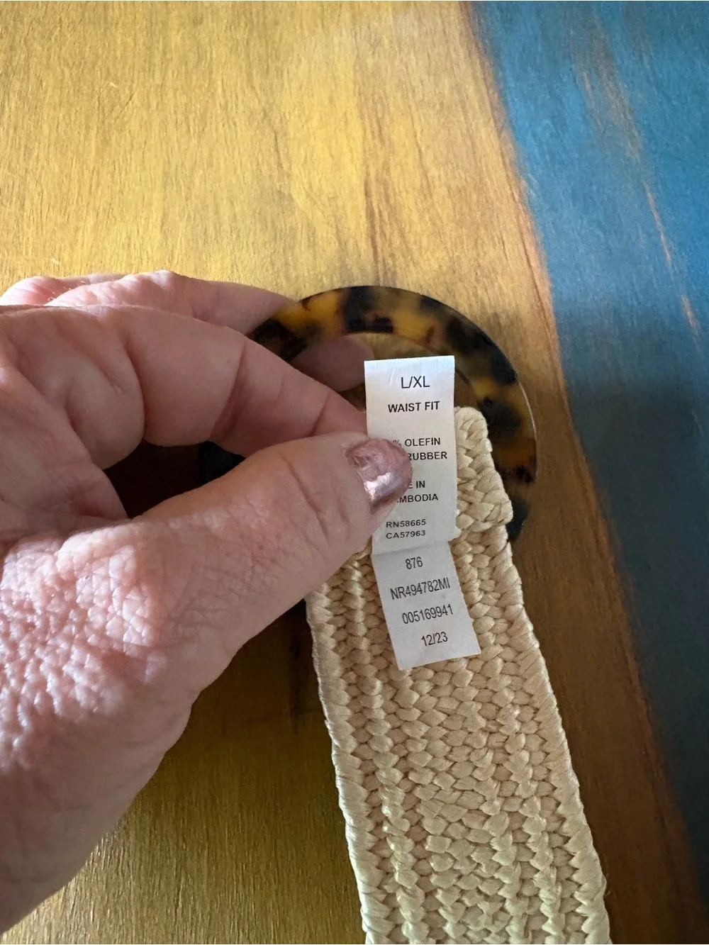 Woven Cream Women’s Belt with Tortoiseshell Ring Buckle
